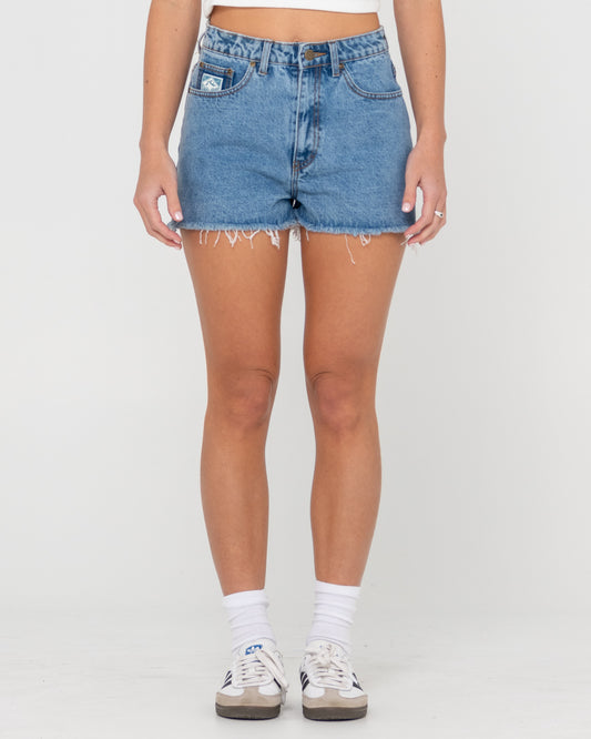 Penny Kick Flare Denim Jort Short - Middy Blue