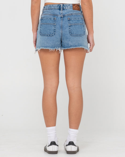 Penny Kick Flare Denim Jort Short - Middy Blue